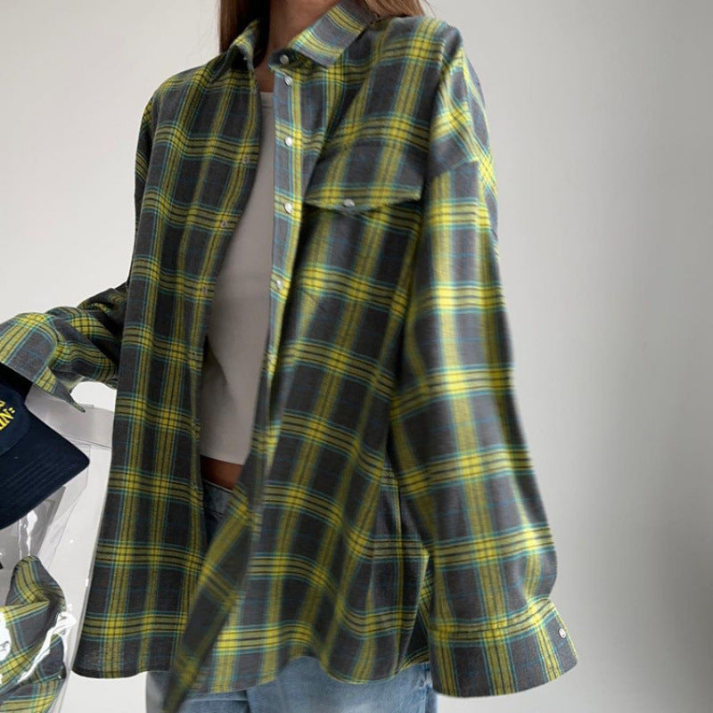 Women's Style Lapel Loose Shirt Autumn Plaid Long Blouse