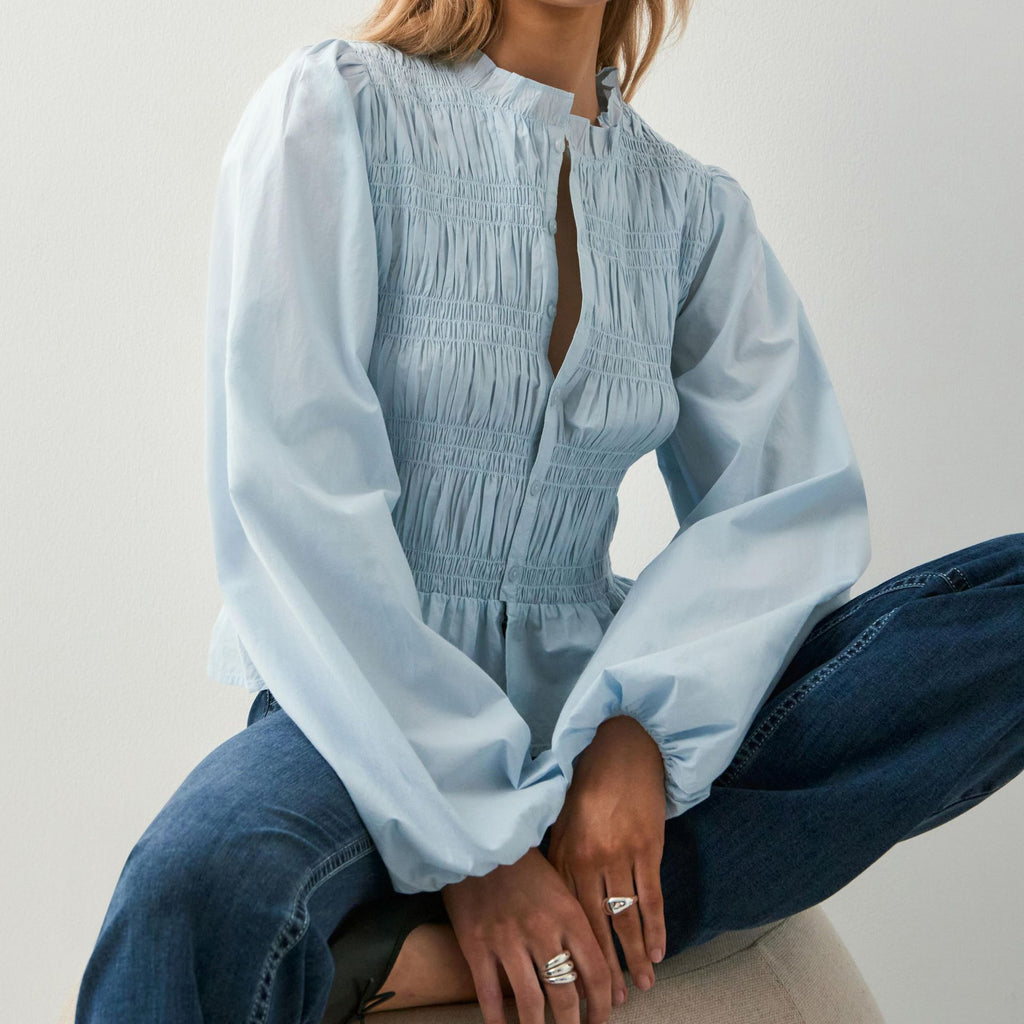 Women's Pure Color Casual Versatile Button Shirt Puff Blouse