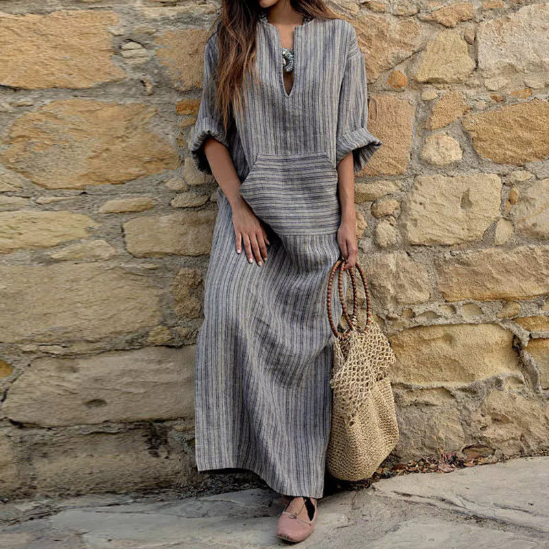 Women's Cotton Linen Yarn-dyed Striped Loose Pockets Dress