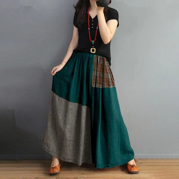 Elastic Waist Color Matching Cotton Linen Skirt