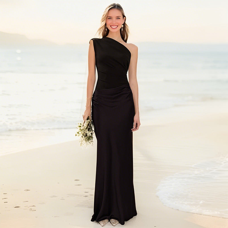 Color Diagonal Collar Sleeveless Maxi Slant Dress