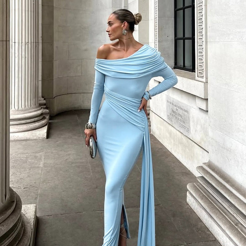Women's Temperament Pure Color Diagonal Collar Sheath Slimming Dress