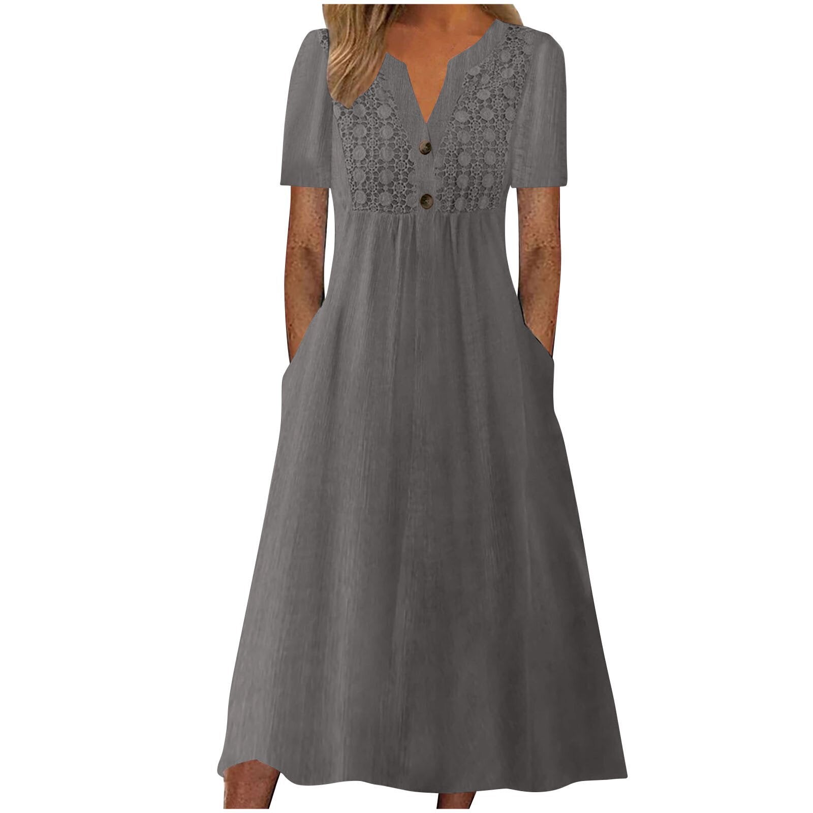 Solid Color Lace Button Pocket Sleeve Dress