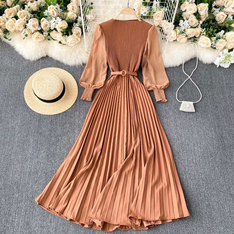 Women's Tight Waist Design Pleated Lightly Mature Dress