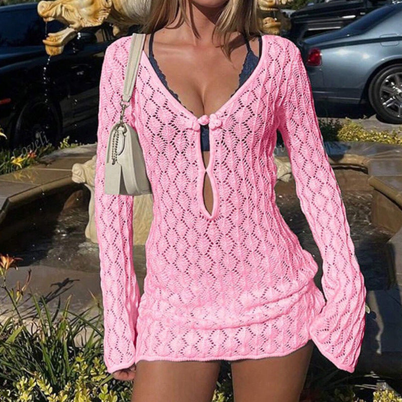 Women's Tight Waist Solid Color Elegant Hip Hollow Texture Knitted Dress