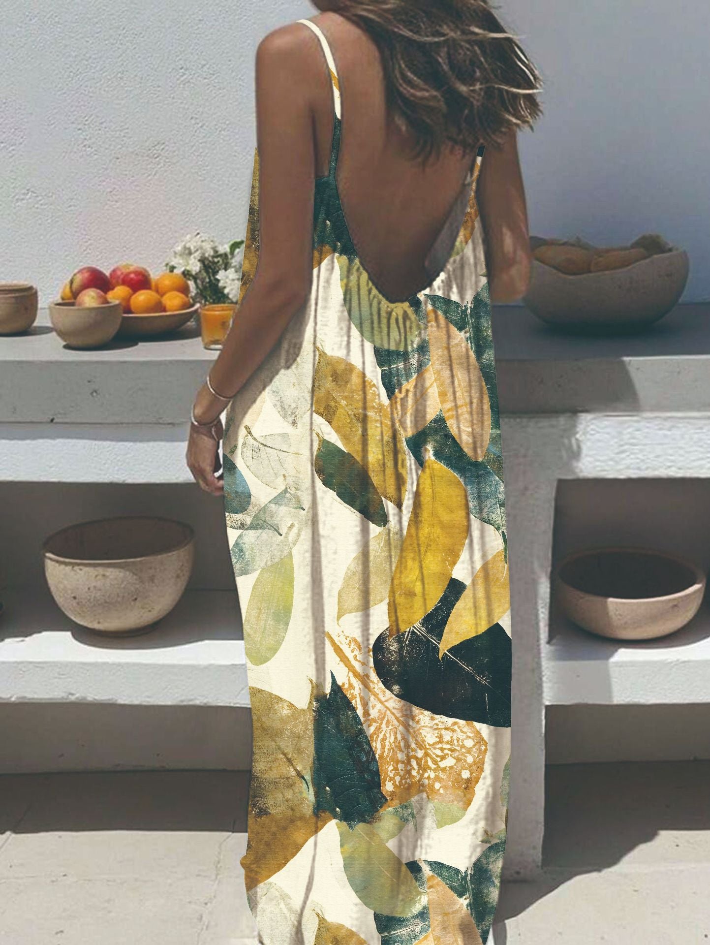 Women's Sling Backless Loose Print Long Dress