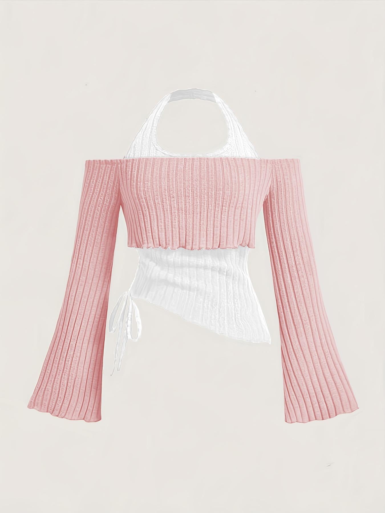Women's Clothes Long Sleeve Contrast Colors Stitching Halter Women's T-shirt