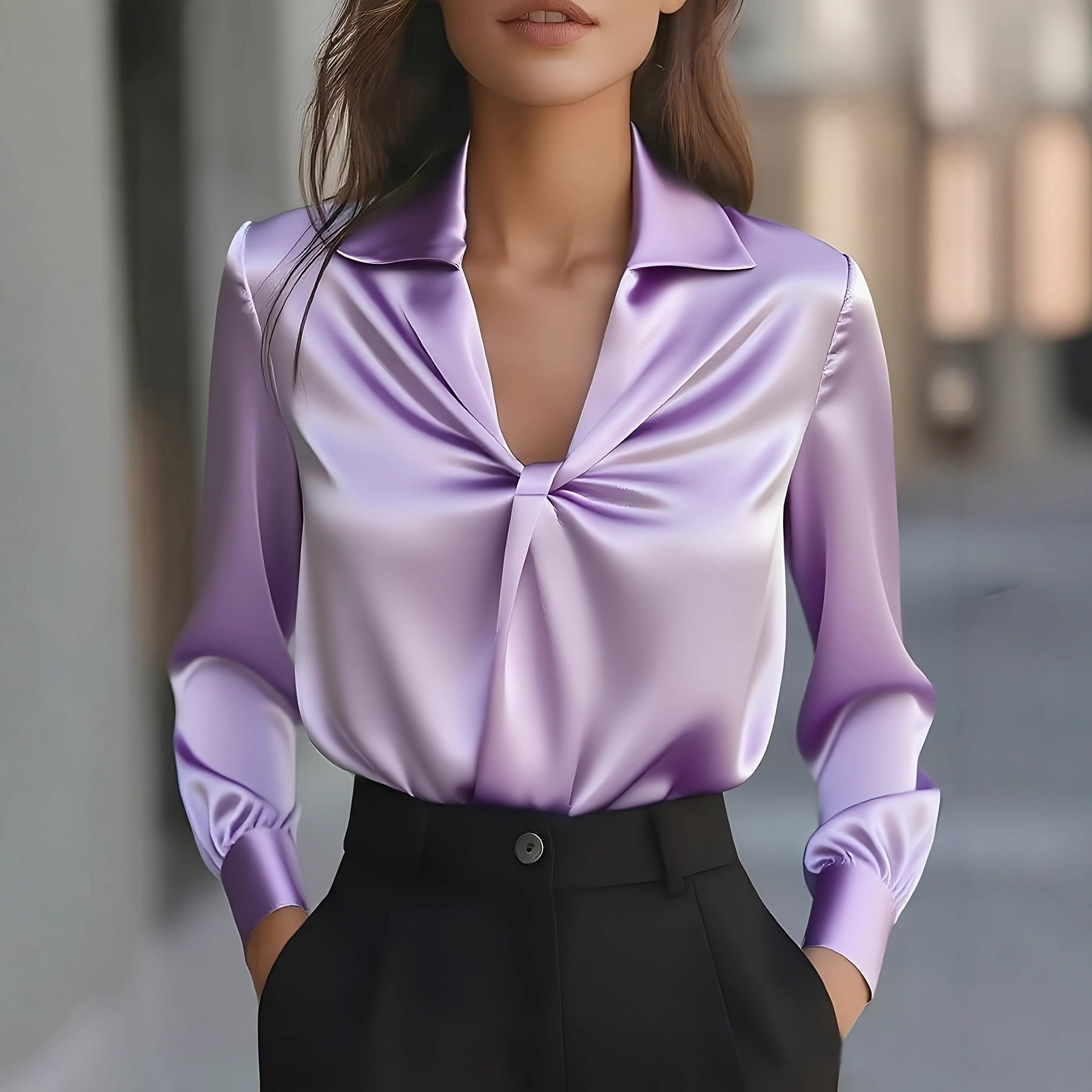 Women's Temperament Pure Color Satin Pleated Long Sleeve Blouse