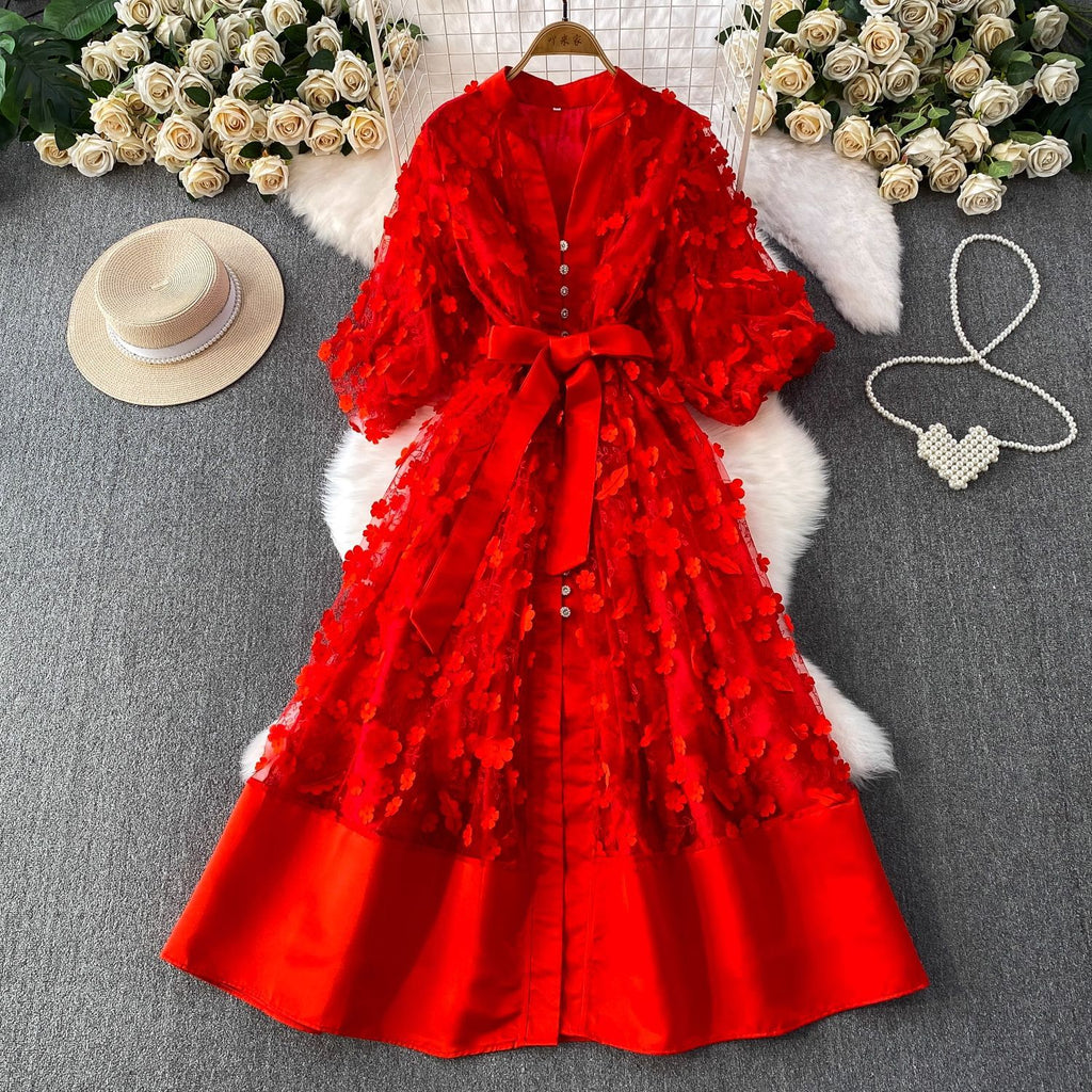 Palace Style Mesh Stitching Three-dimensional Flower Lantern Sleeves Long Sleeve Dress