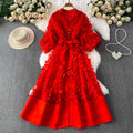 Palace Style Mesh Stitching Three-dimensional Flower Lantern Sleeves Long Sleeve Dress