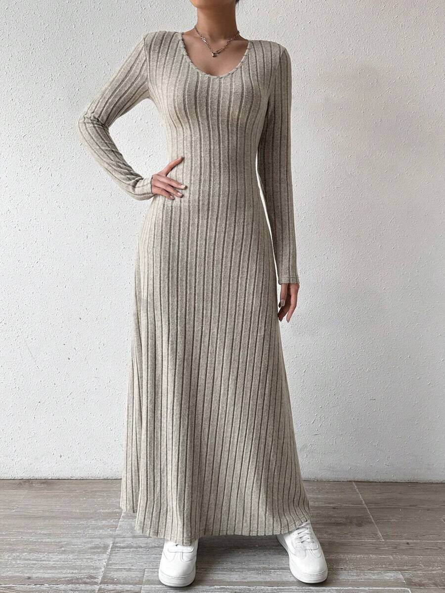 Women's Slim Fit Fashion Wear Knitted Solid Color Long Sleeve A- Dress