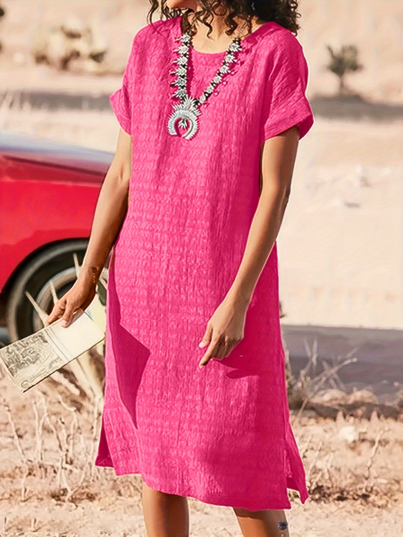 Women's Short-sleeved Casual Round Neck Side Slit Dress