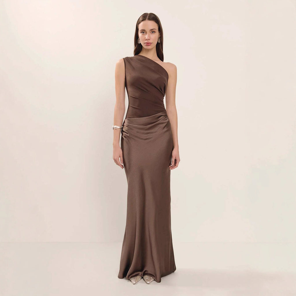 Color Diagonal Collar Sleeveless Maxi Slant Dress