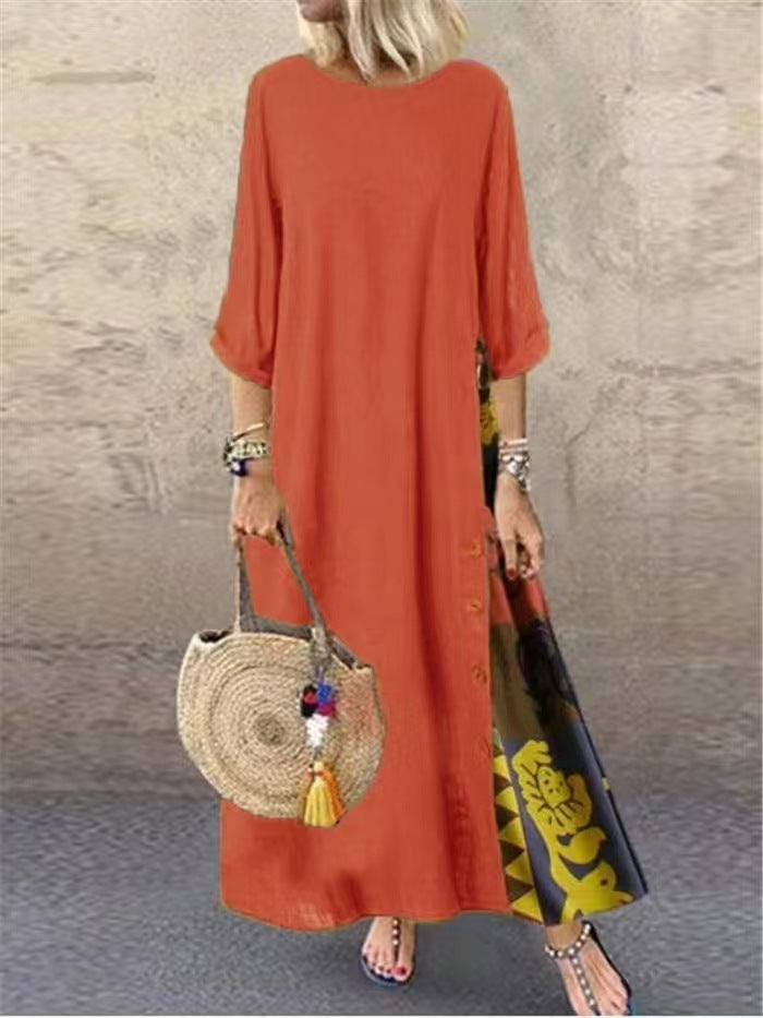 Floral Round Neck Contrast Color Button Dress