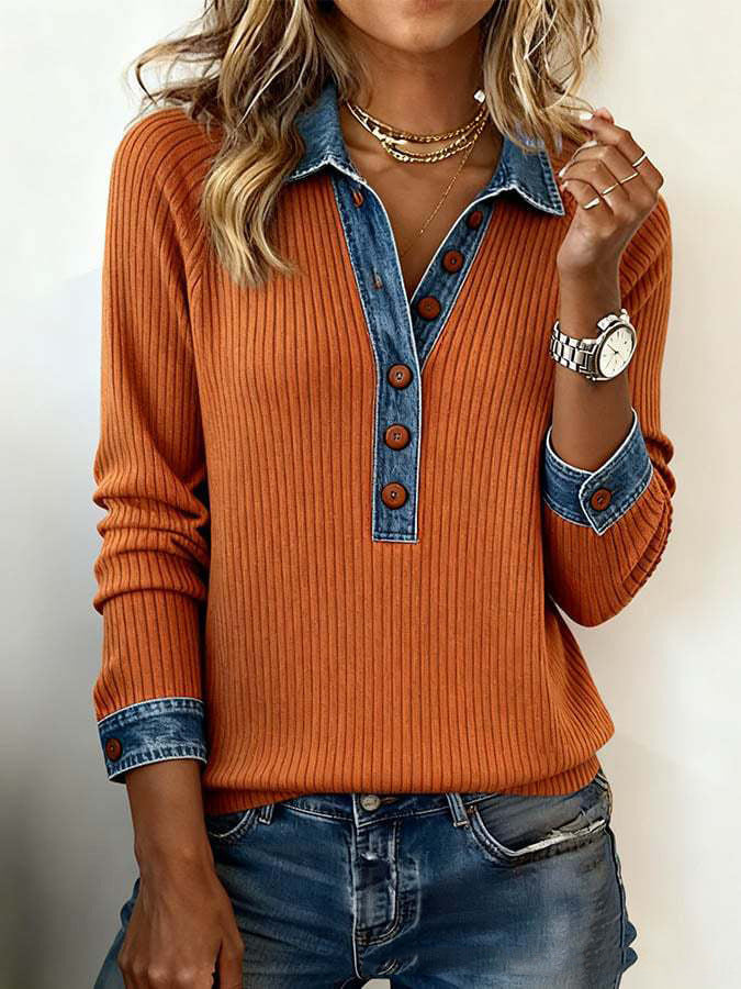 Women's Denim Collar Long Sleeve Pullover Patchwork Knitted Blouse