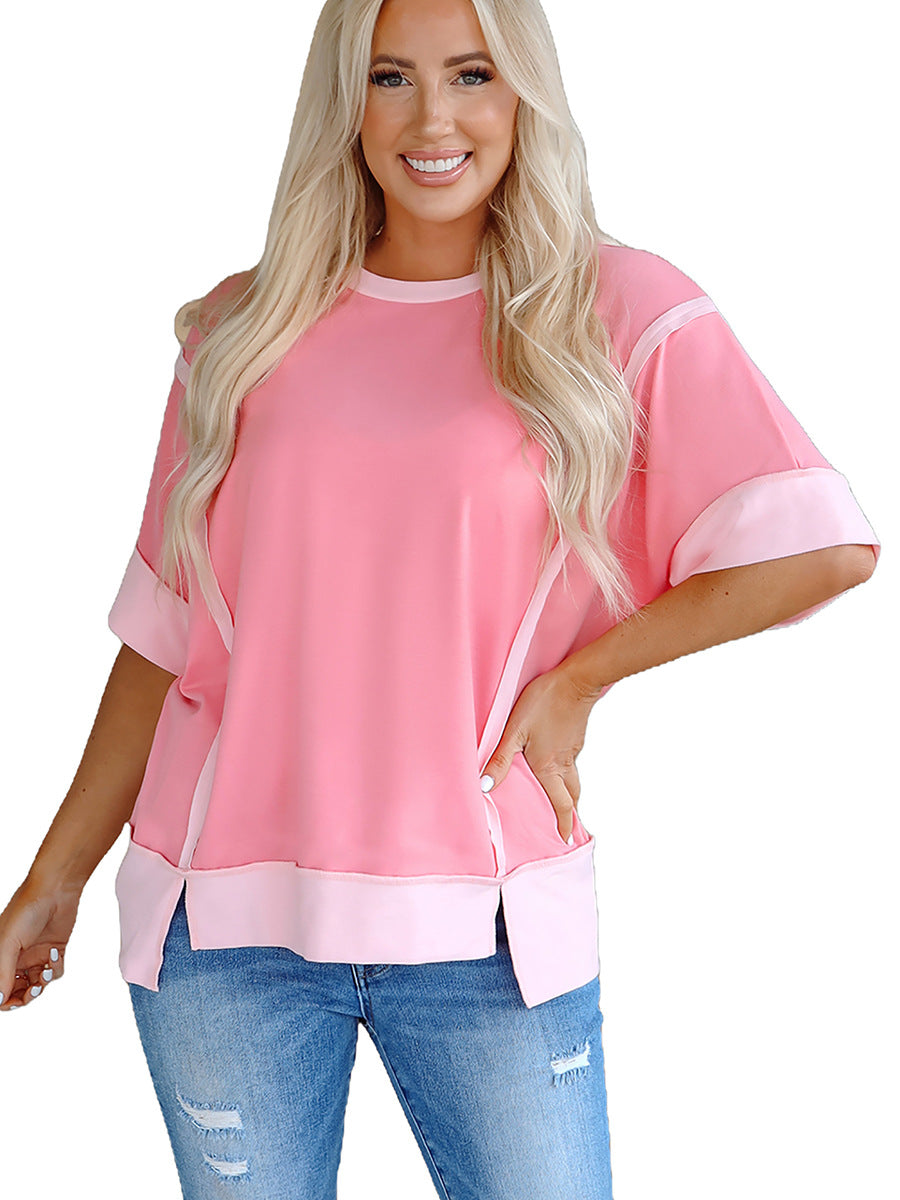 Women's Summer Pullover Round Neck Simple Versatile Contrast Color Women's T-shirt