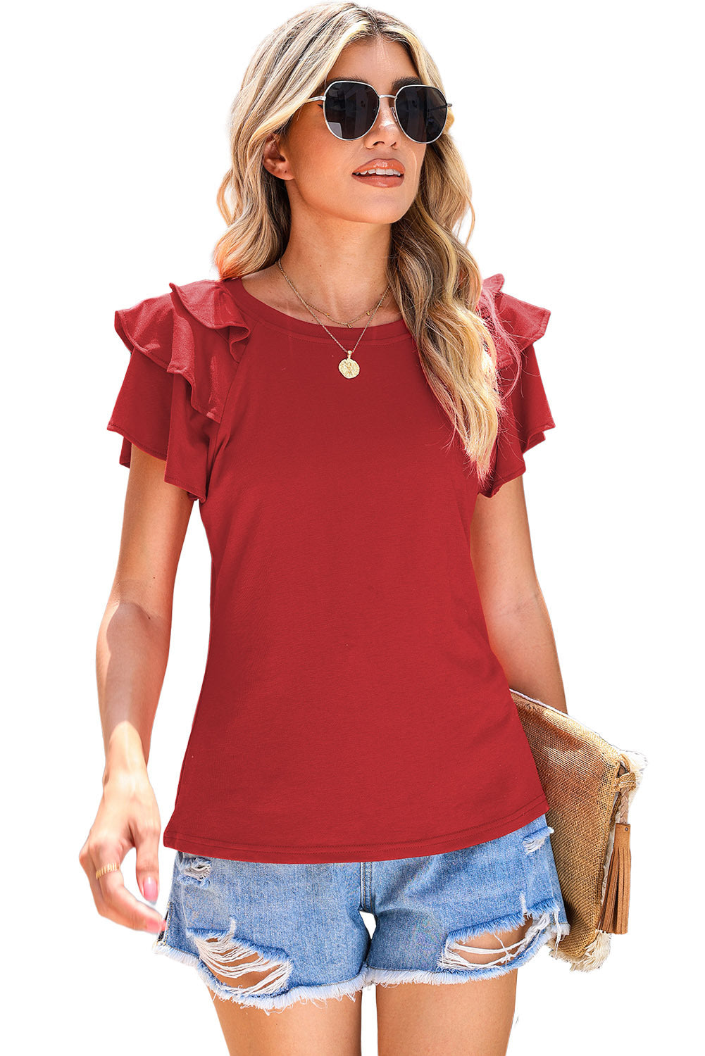 Women's Casual Style Solid Color Layered Frill Short-sleeved Women's T-shirt