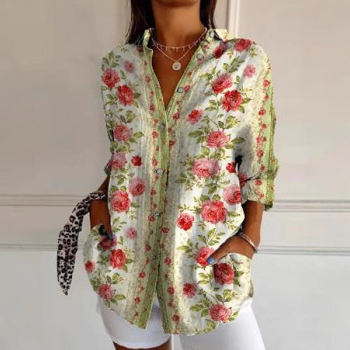 Women's Digital Printing Abstract Pattern Long Sleeve Buckle Blouse