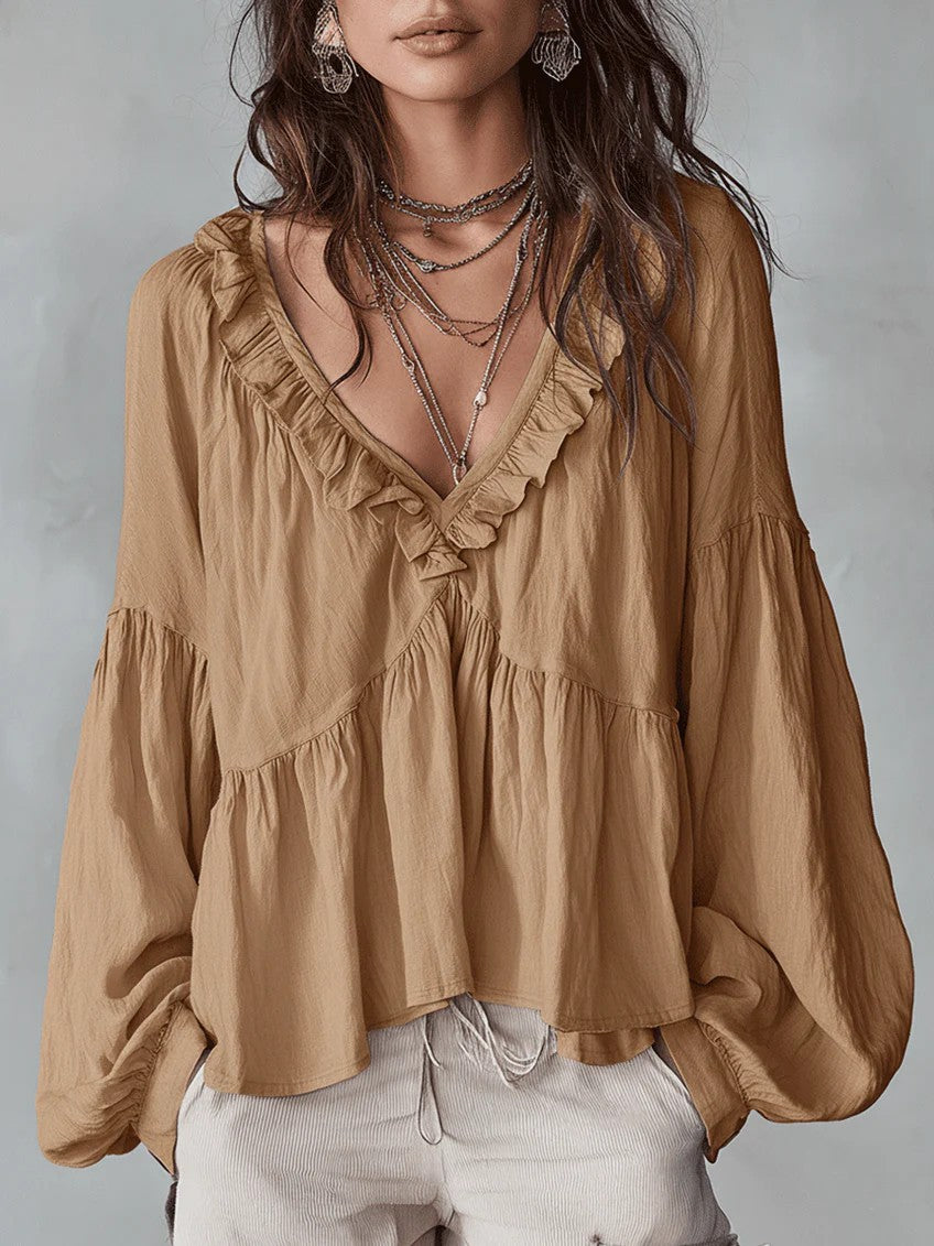 Casual Sweet Wooden Ear Puff Sleeve Pleated Blouse