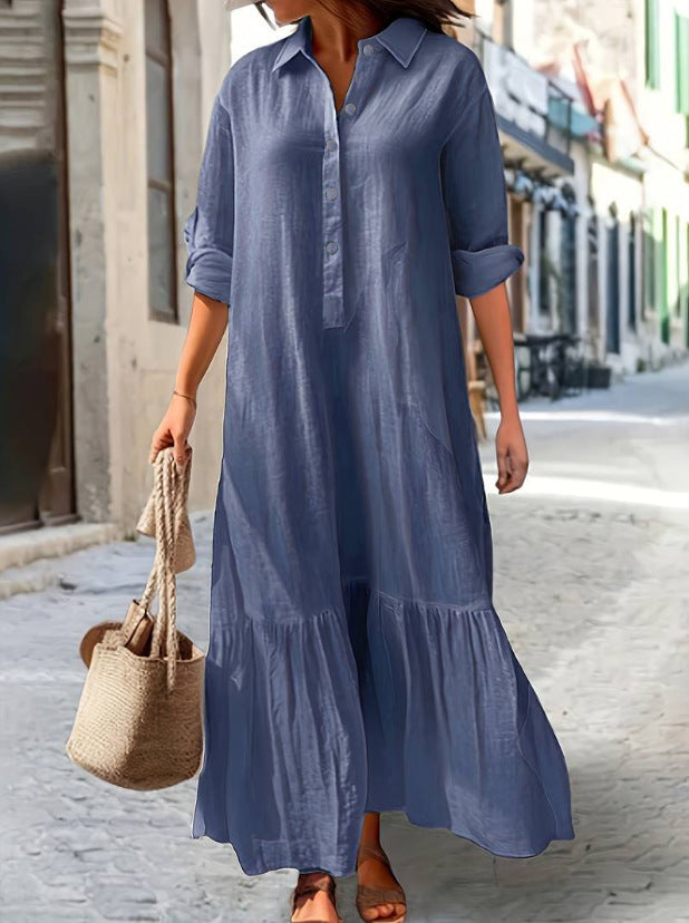 Cotton Linen Long Irregular Shirt Collar Skirts