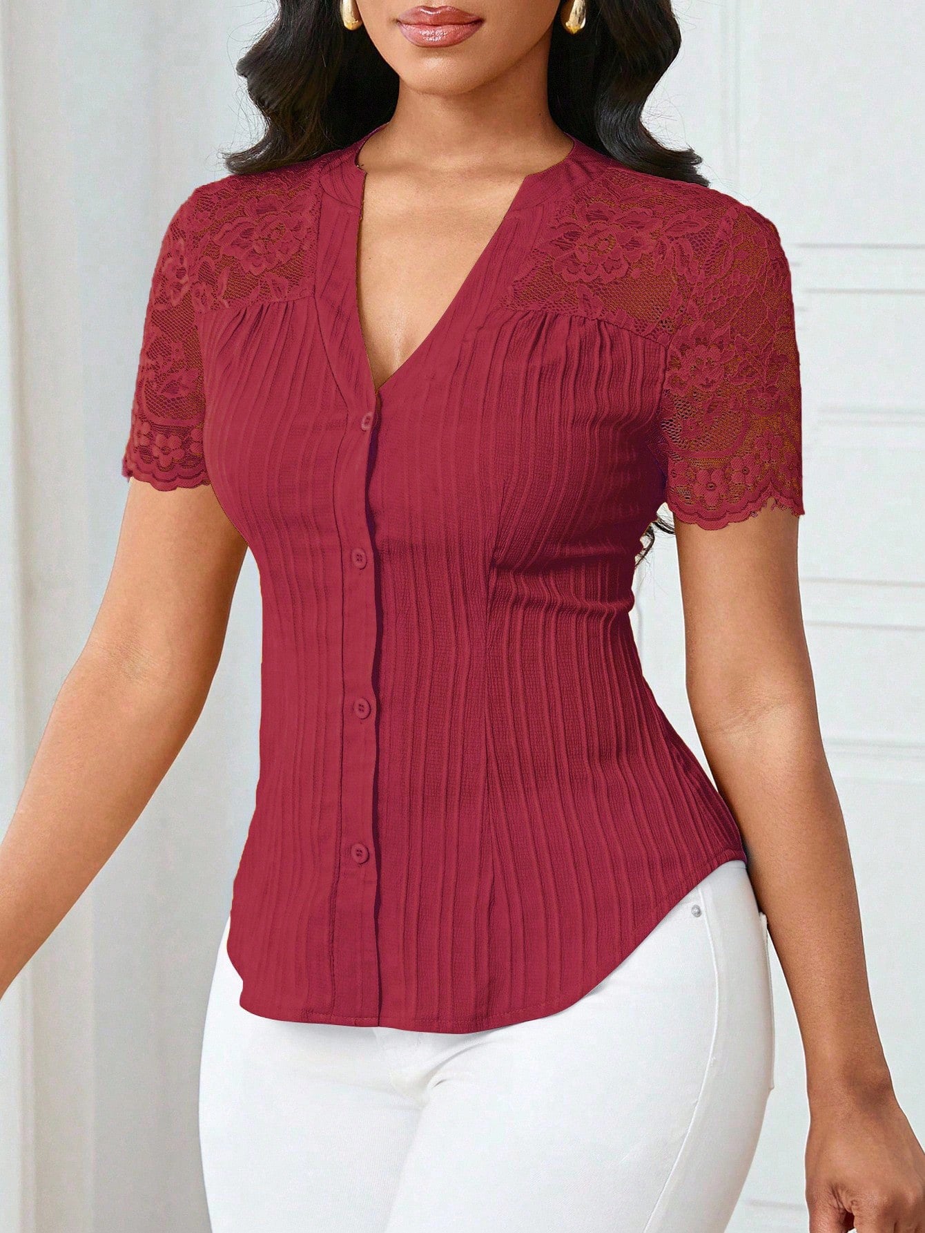 Women's Fashion Single-breasted Solid Color Embroidery Hollow Tops