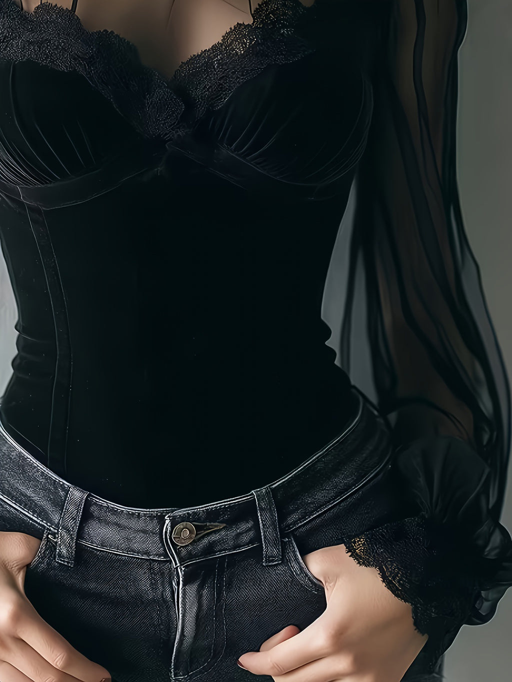 Women's Black Veet Transparent Sleeve Corset Design Blouse