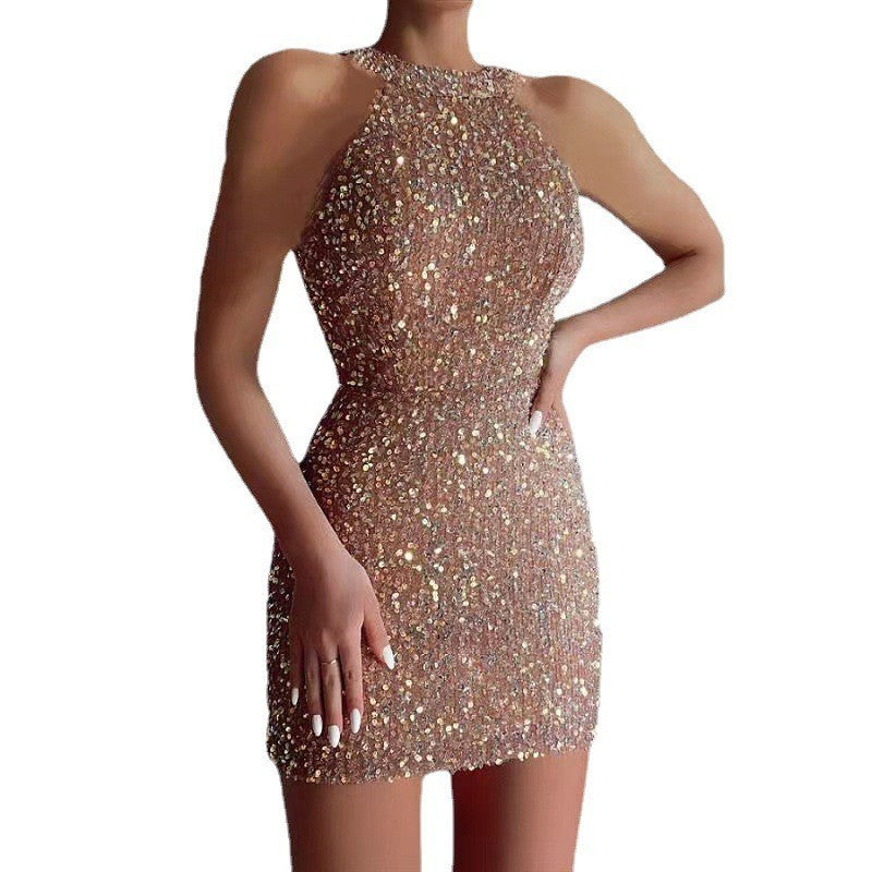 Halter Sexy Crystal Fringed Sheath Sequins Mid Waist Dress
