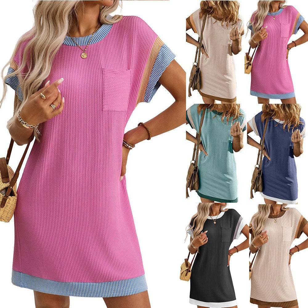 Women's Summer Casual Contrast Color Twist Strip Sleeve Dress