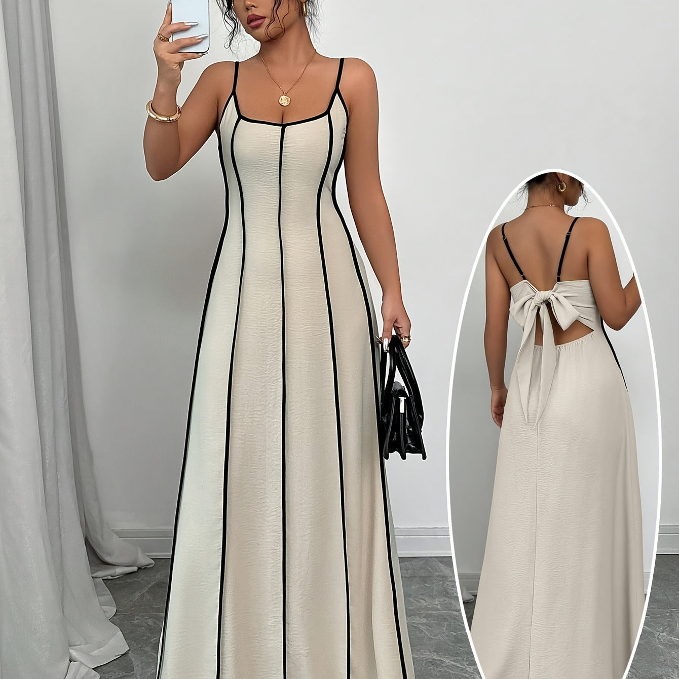 Women's Spaghetti Strap Backless Color Matching Suspender Dress