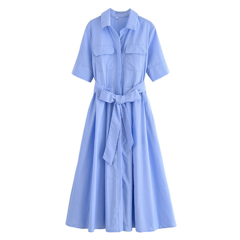 Fashion Polo Collar Single-breasted With Belt Shirt Dress