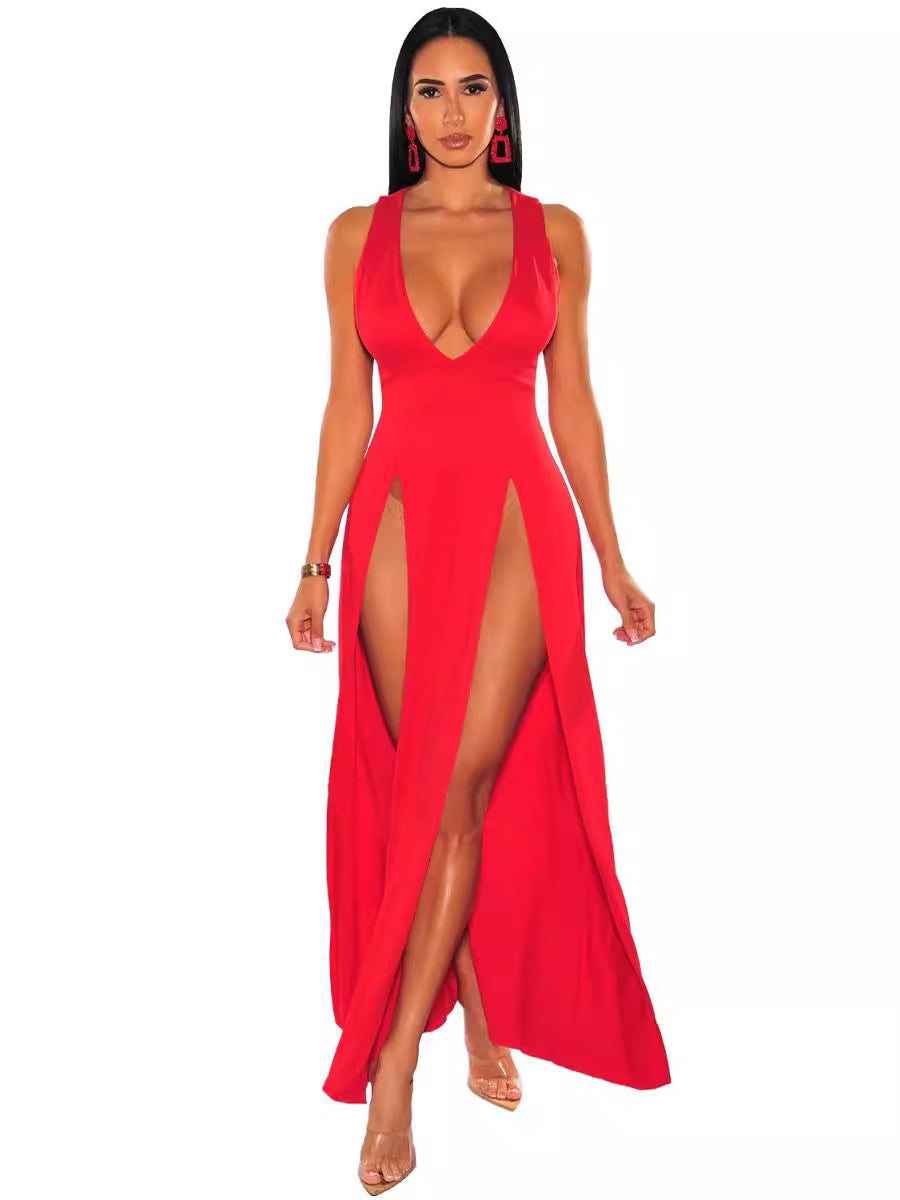 Women's Long Deep V Split Bandage Nightclub Dress