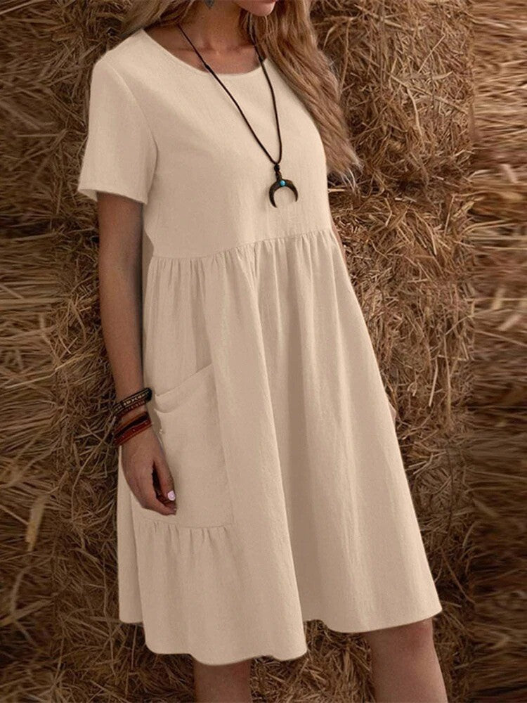 Women's Loose Pockets Solid Color Round Neck Cotton Dress