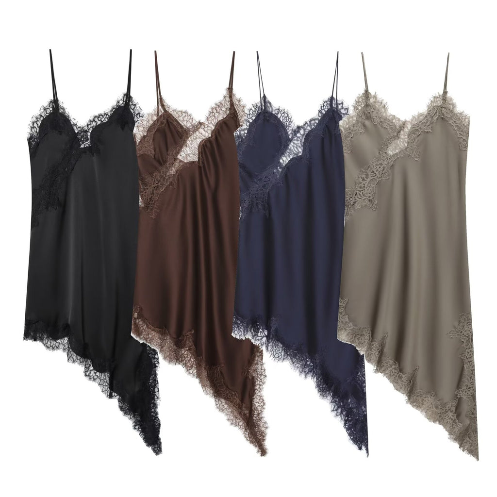 Elegant Winter Lace Sleeveless Asymmetric Slip Dress