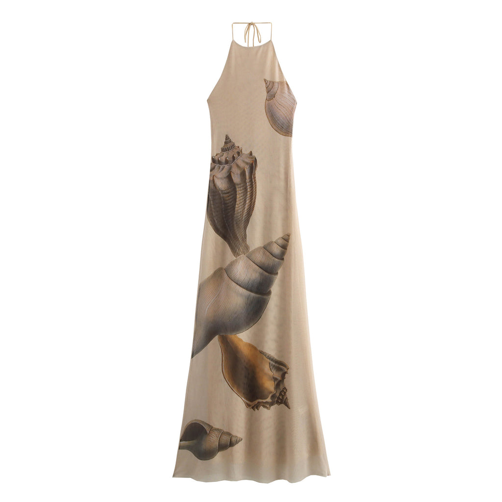 Women's French Style Shell Print Silk Net Dress