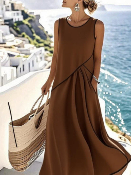 Round Neck Sleeveless Contrast Color Loose Dress