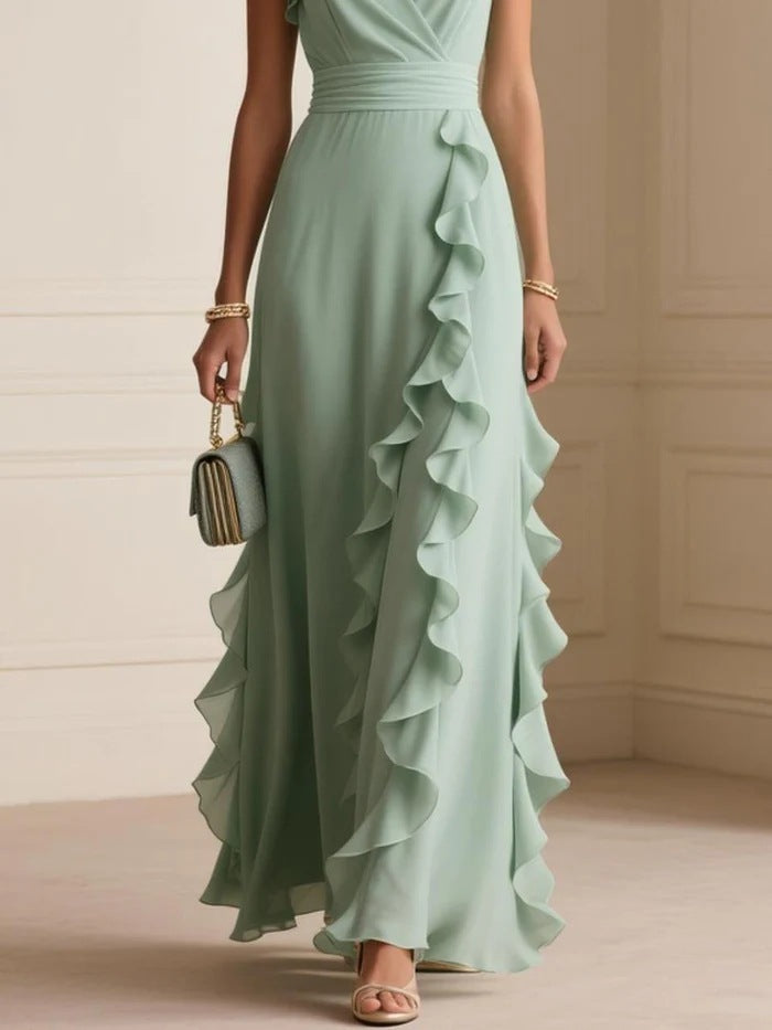 Women's Solid Color Pleated Sleeves Collar Long Dress