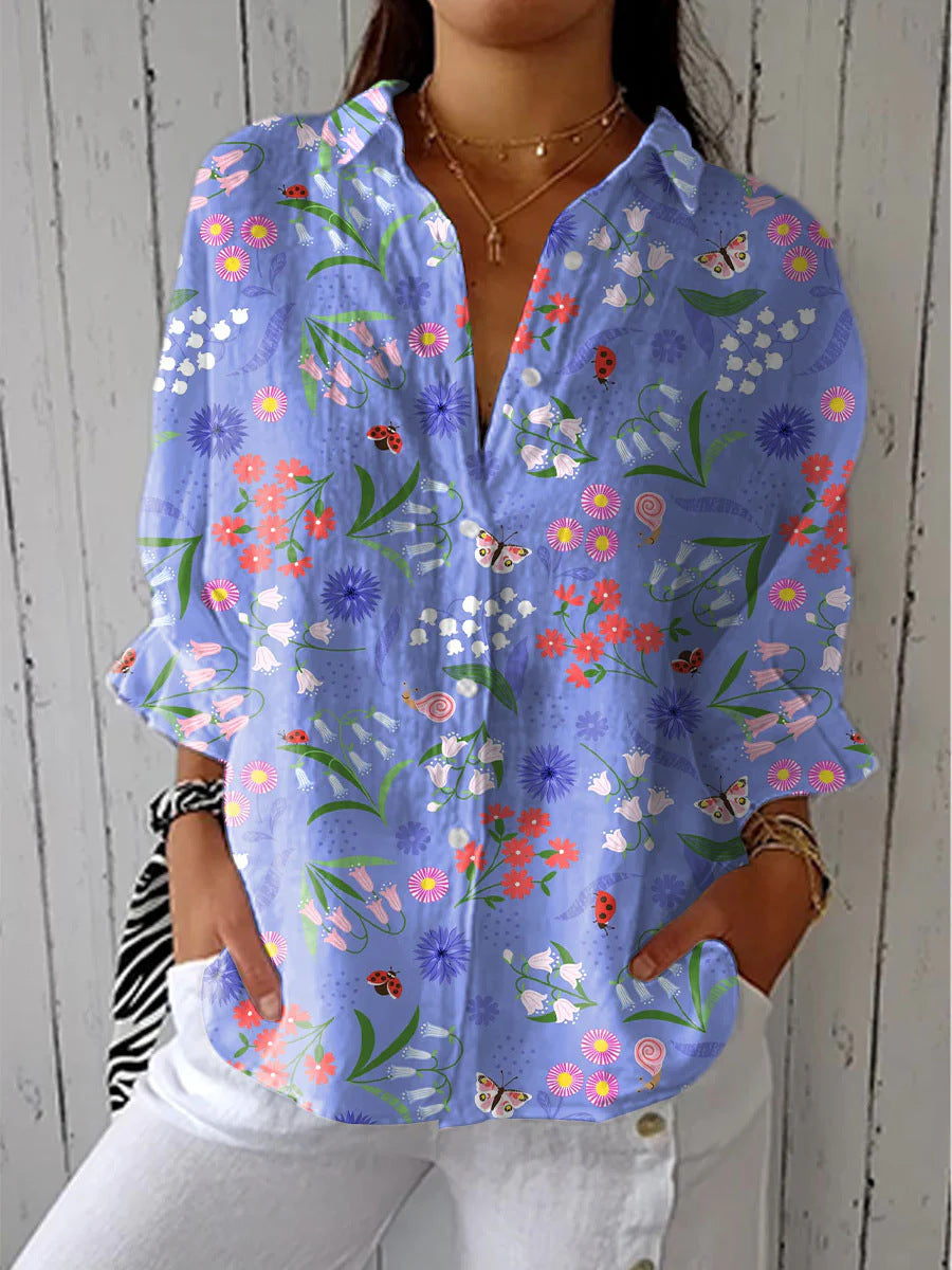 Women's Digital Printing Lapel Long Sleeve Linen Blouse