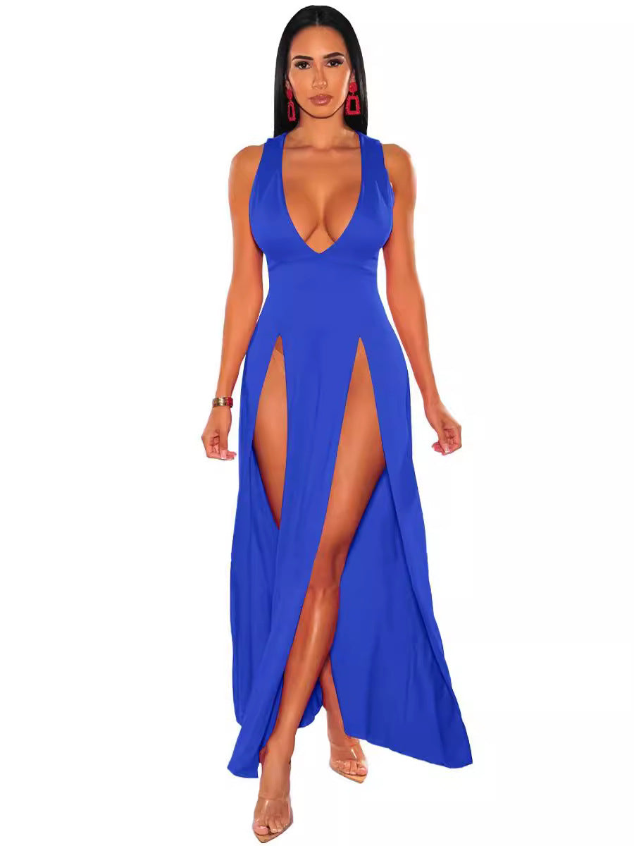 Women's Long Deep V Split Bandage Nightclub Dress