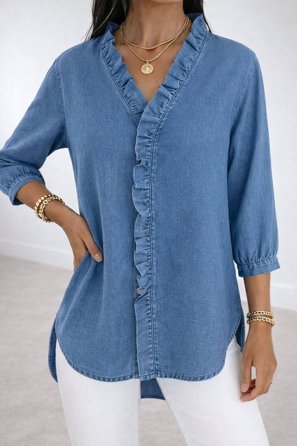 Women's Ruffled Casual Shirt Imitation Denim Ladies Blouse