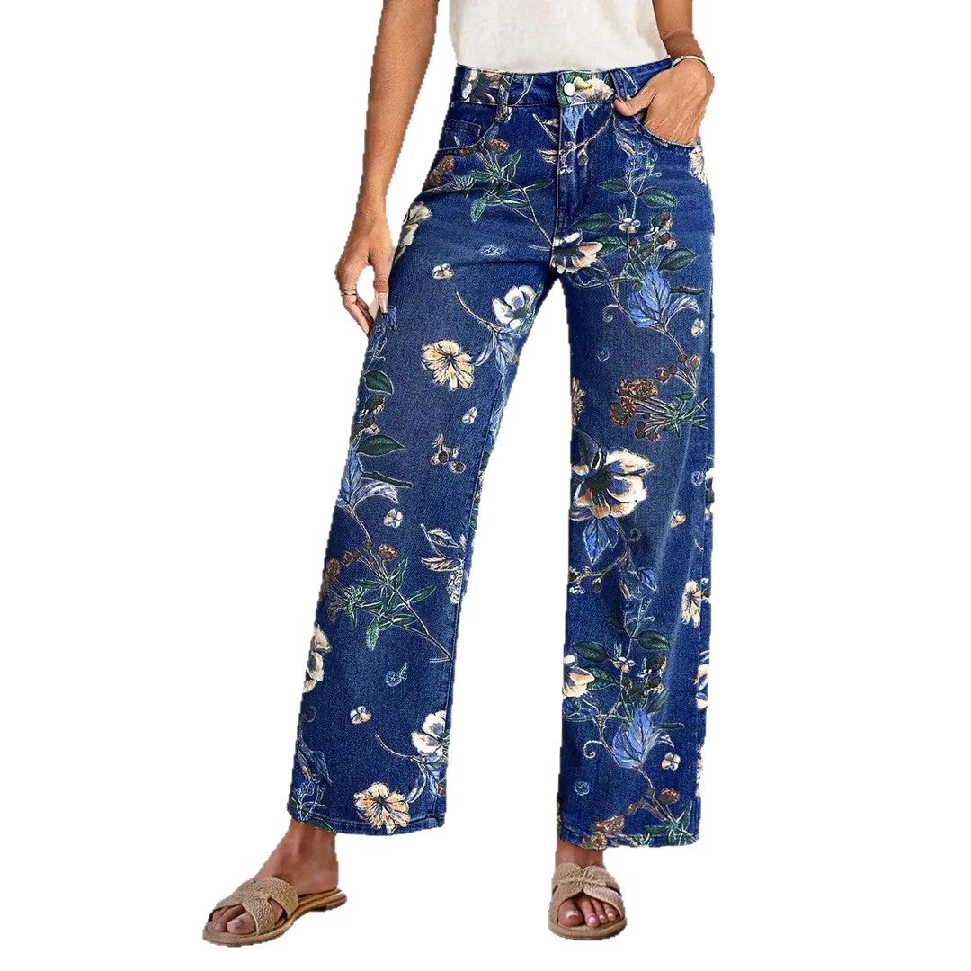 Pattern Straight High Waist Vintage Random Print Loose Jeans