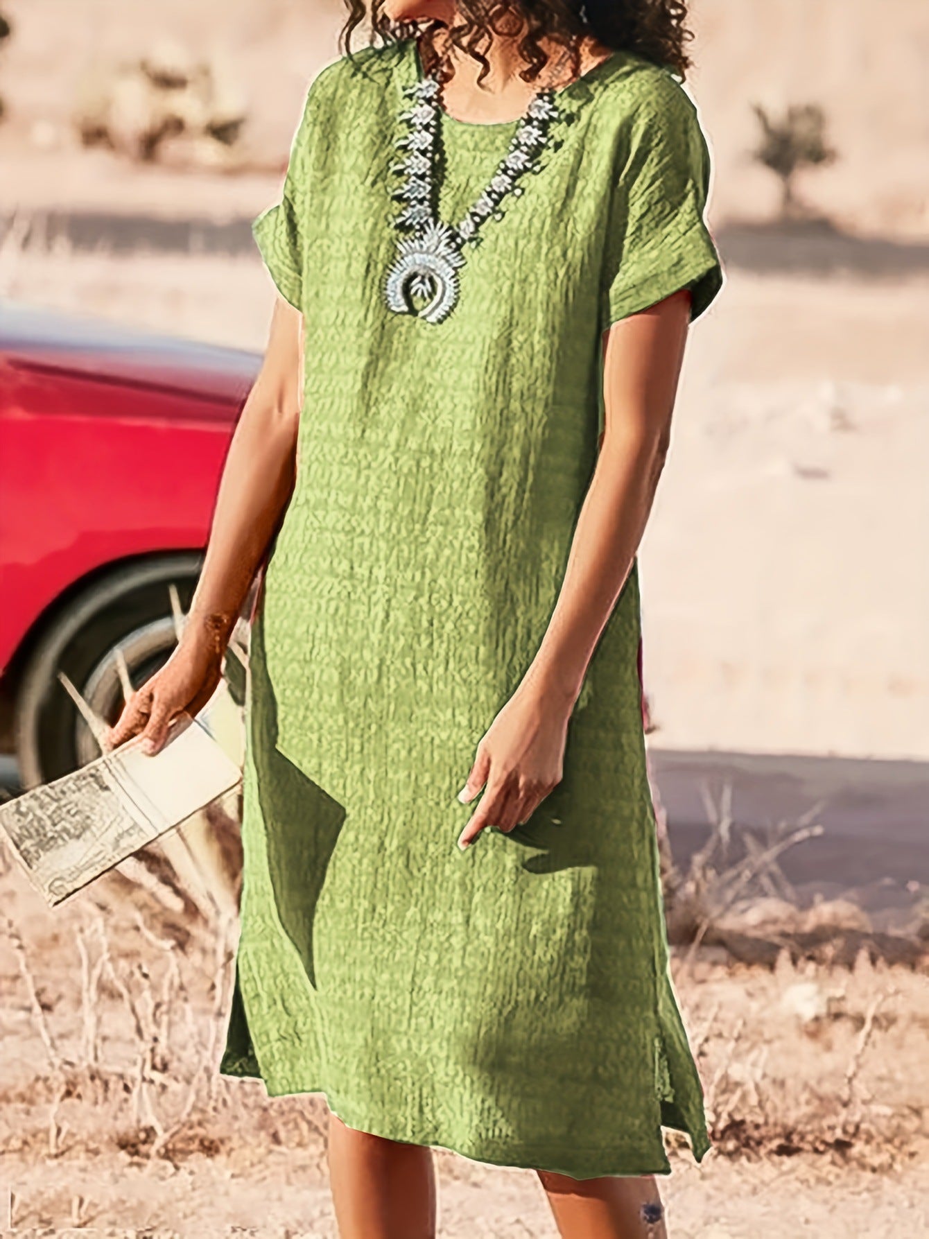 Women's Short-sleeved Casual Round Neck Side Slit Dress