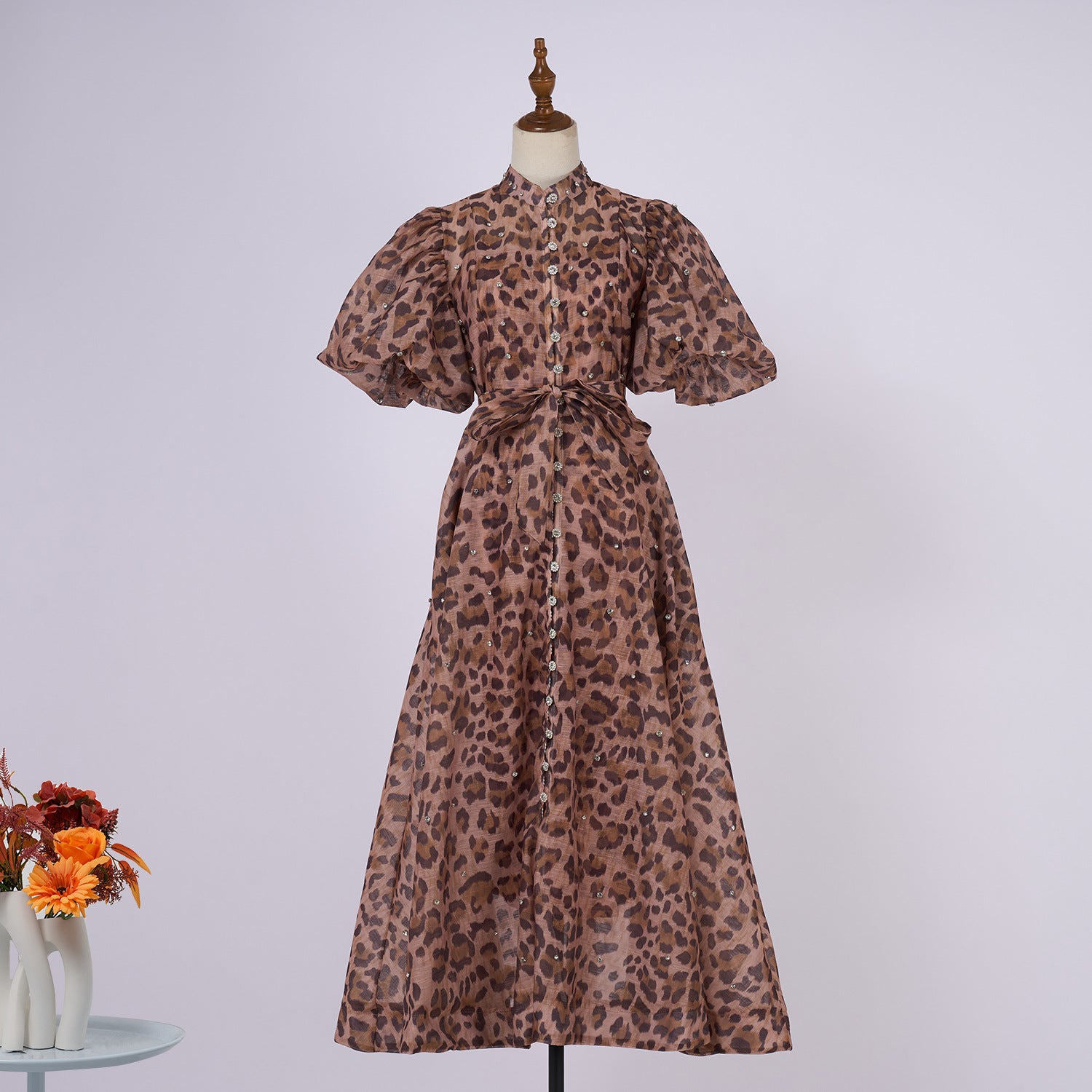 Summer Palace Style High Design Sense Rhinestone Sleeve Single-breasted Long Dress