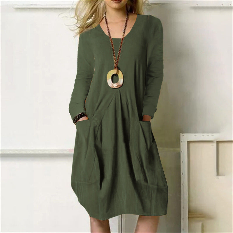 Women's Cotton Linen Loose Casual Solid Color Dress