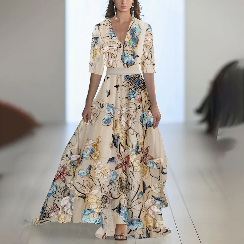 Women's Digital Printing Long Sleeve Collar Patchwork Dress