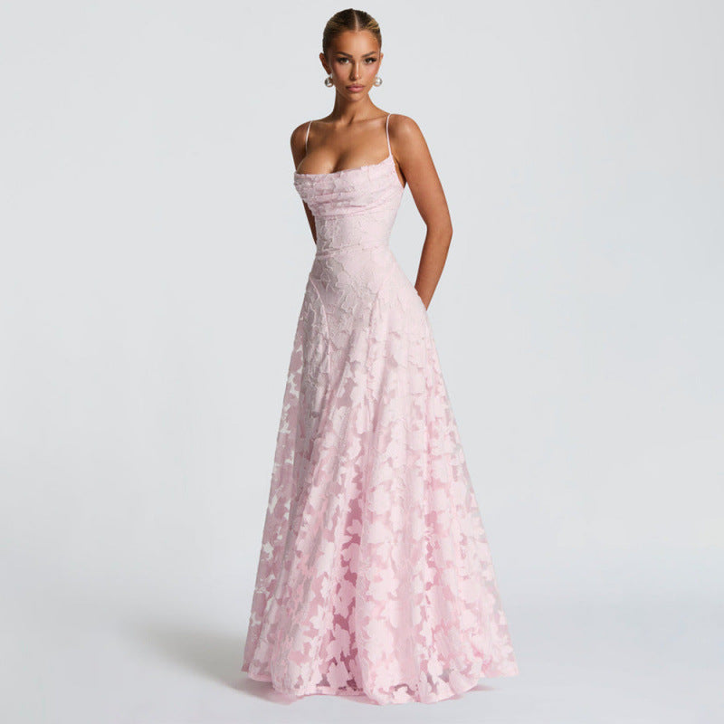 Women's Elegant Lace Sexy Backless Spaghetti Straps Dress