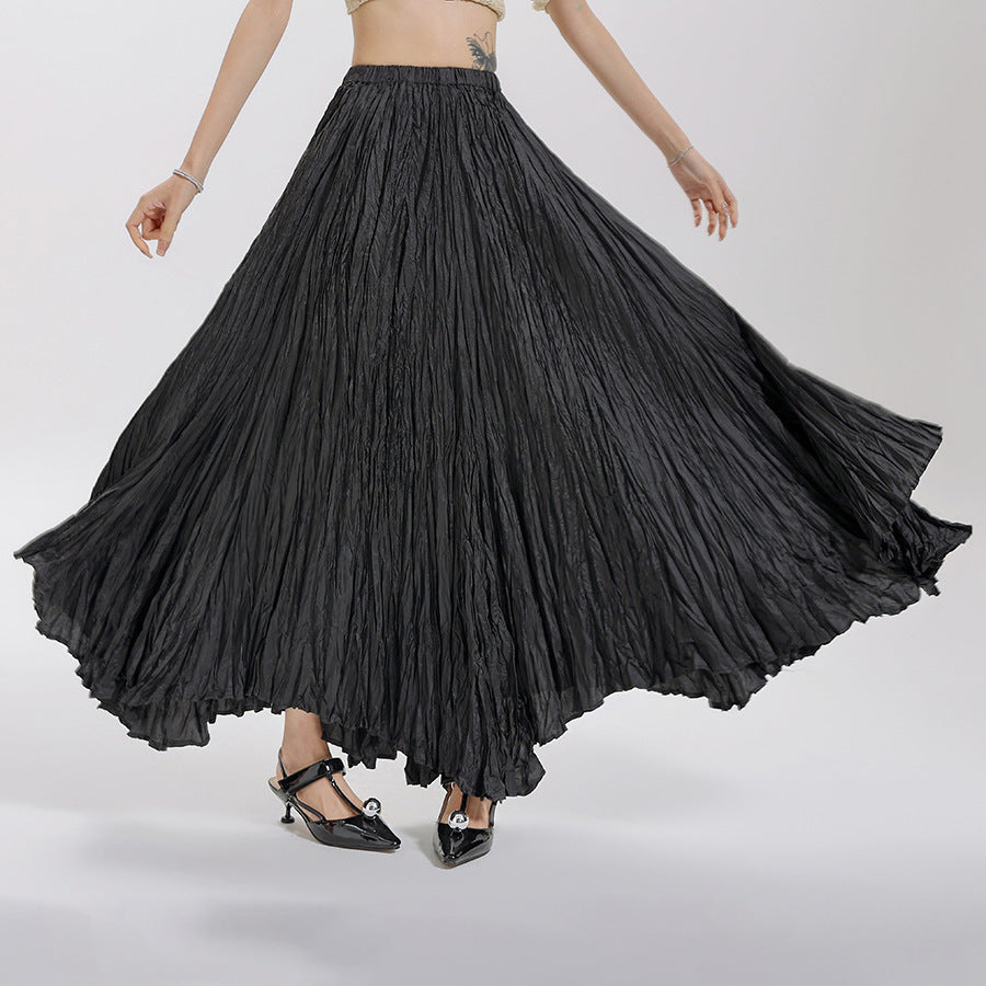 Women's Irregular Pleated A- Line Large Hem Umbrella Elastic High Waist Skirt
