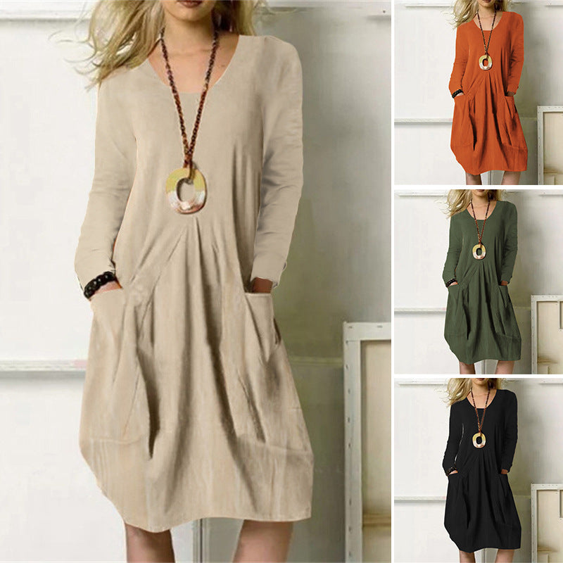 Women's Cotton Linen Loose Casual Solid Color Dress