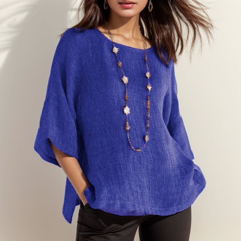 Women's Retro Shirt Three-quarter Sleeve Round Neck Cotton Blouse