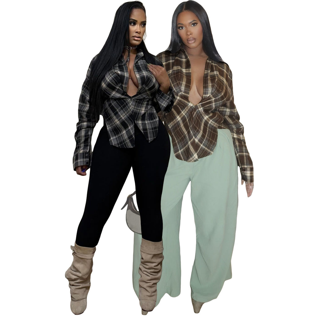 Women's Fashion Wear Plaid Casual Sexy Folding Sleeve Open Fork Head Women's Sweater