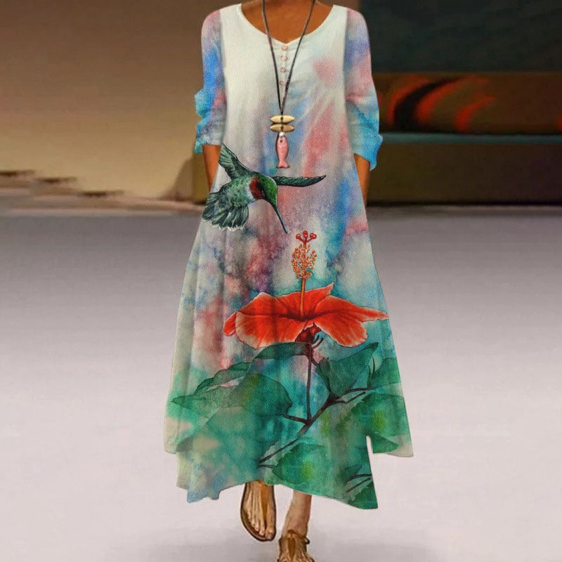 Women's Popular Printed Long-sleeved Hem Irregular Long Dress